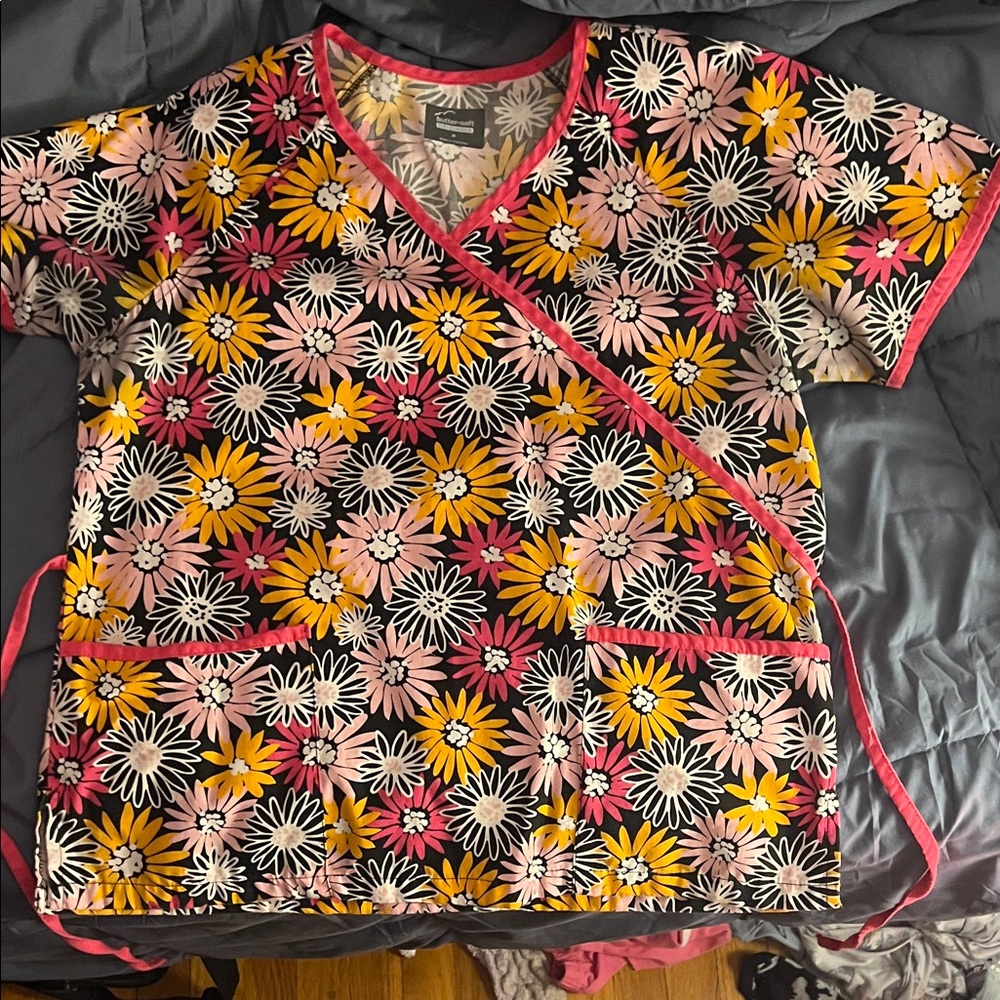 Floral Wrap-Style Scrub Top in Black, Pink & Yellow